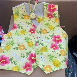 Yellow Pineapple Floral Vest and Bow Tie New